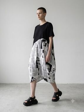 Froccella Italy Mixed Media Newspaper Print Balloon Midi Dress Black One Size